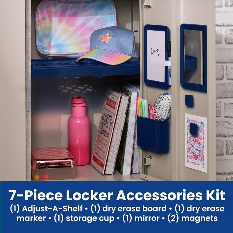 LockerMate Adjust-A-Shelf 6-Piece Locker Accessories Set, Extends to Fit Your Locker, Includes Storage Drawer, Mirror, Whiteboard, Storage Cup, Navy, Blue (50924KIT-NVY) - Image 3